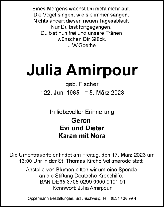 Traueranzeige von Julia Amirpour von Braunschweiger Zeitung
