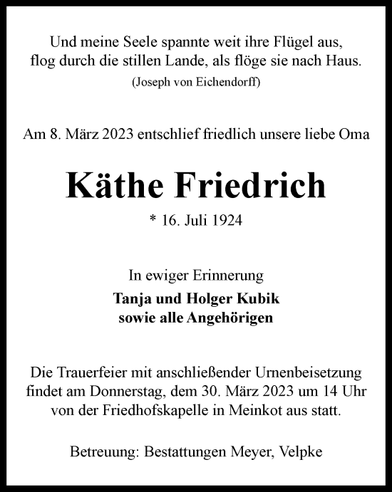Traueranzeige von Käthe Friedrich von Helmstedter Nachrichten