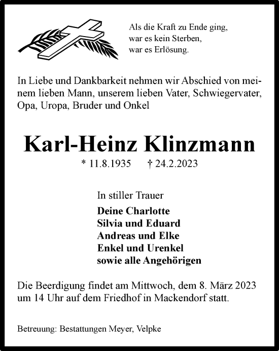 Traueranzeige von Karl-Heinz Klinzmann von Helmstedter Nachrichten