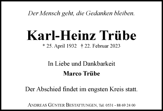 Traueranzeige von Karl-Heinz Trübe von Braunschweiger Zeitung