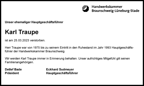 Traueranzeige von Karl Traupe von Braunschweiger Zeitung