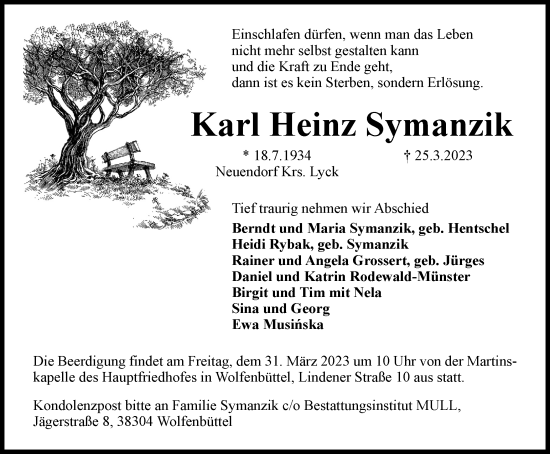 Traueranzeige von Karl Heinz Symanzik von Wolfenbütteler Zeitung