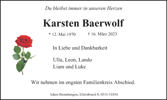 Traueranzeige von Karsten Baerwolf von Braunschweiger Zeitung