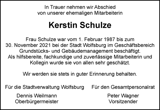 Traueranzeige von Kerstin Schulze von Wolfsburger Nachrichten