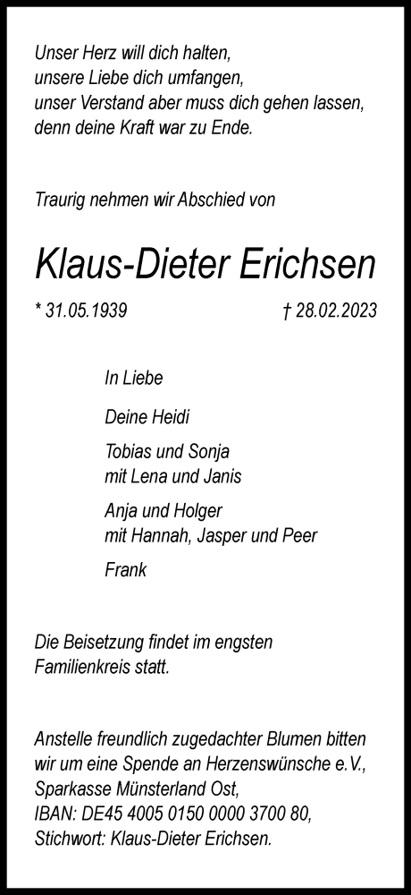  Traueranzeige für Klaus-Dieter Erichsen vom 04.03.2023 aus Wolfsburger Nachrichten