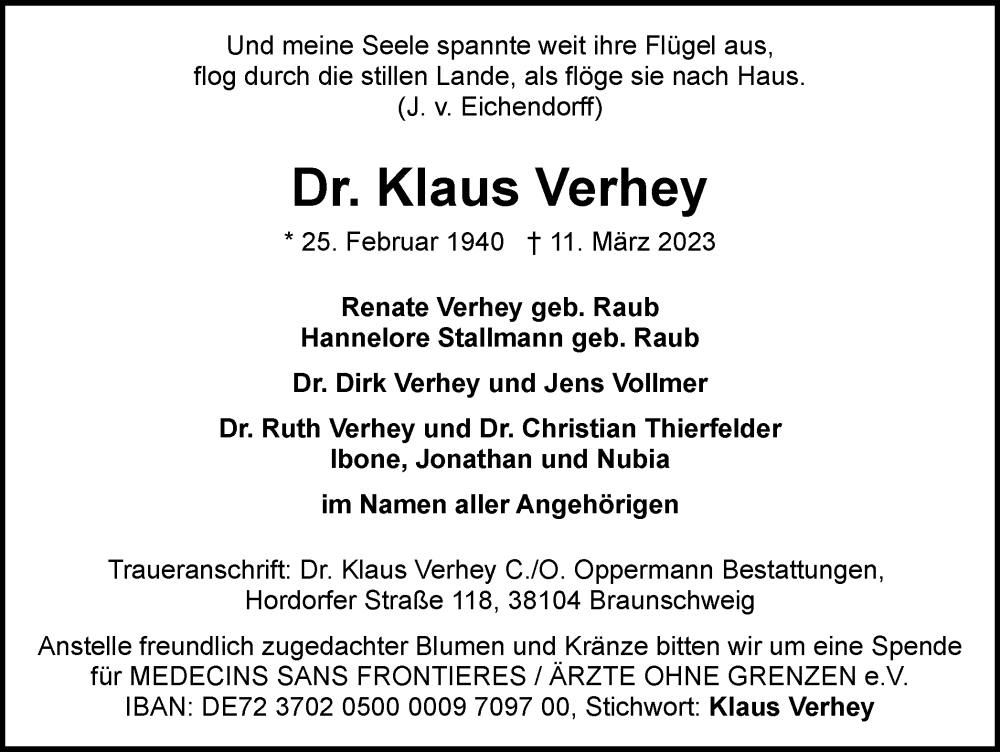  Traueranzeige für Klaus Verhey vom 18.03.2023 aus Braunschweiger Zeitung