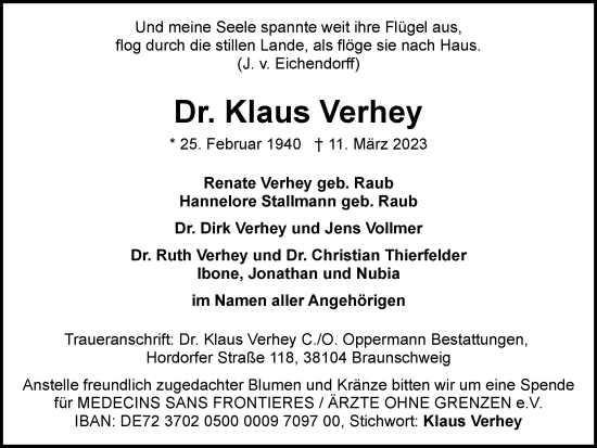 Traueranzeige von Klaus Verhey von Braunschweiger Zeitung