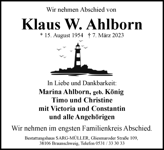 Traueranzeige von Klaus W. Ahlborn von Braunschweiger Zeitung
