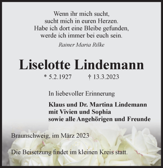Traueranzeige von Liselotte Lindemann von Braunschweiger Zeitung
