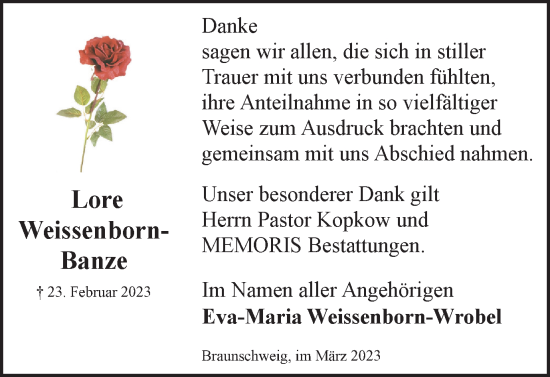 Traueranzeige von Lore Weissenborn-Banze von Braunschweiger Zeitung