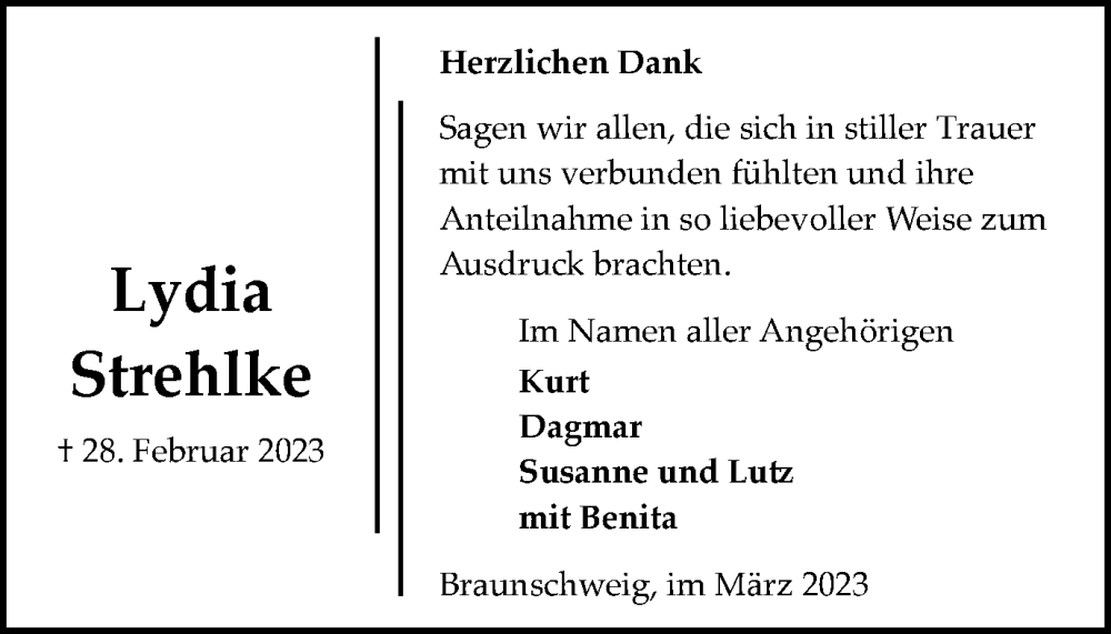  Traueranzeige für Lydia Strehlke vom 18.03.2023 aus Braunschweiger Zeitung