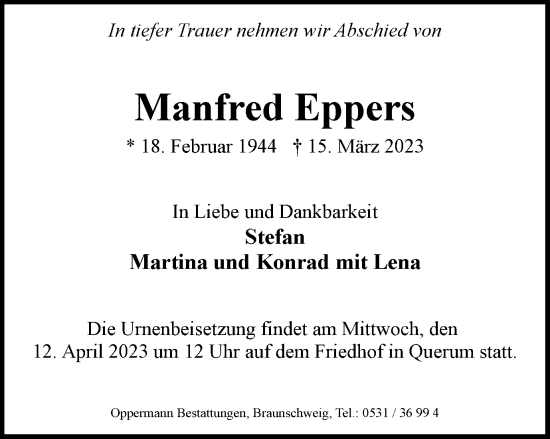 Traueranzeige von Manfred Eppers von Braunschweiger Zeitung