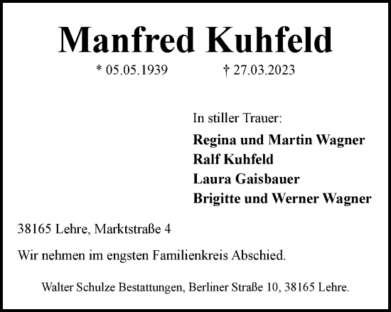 Traueranzeige von Manfred Kuhfeld von Helmstedter Nachrichten