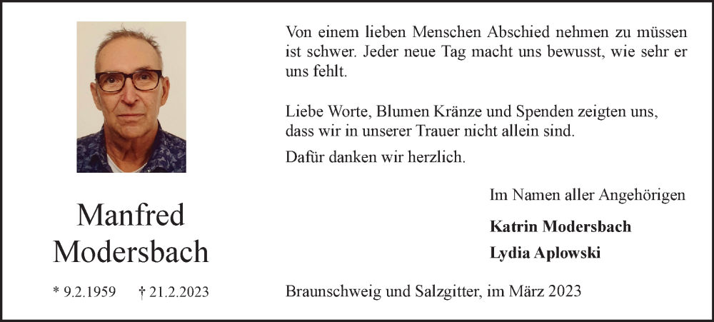  Traueranzeige für Manfred Modersbach vom 18.03.2023 aus Salzgitter-Zeitung