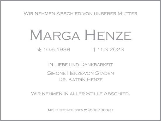 Traueranzeige von Marga Henze von Wolfsburger Nachrichten