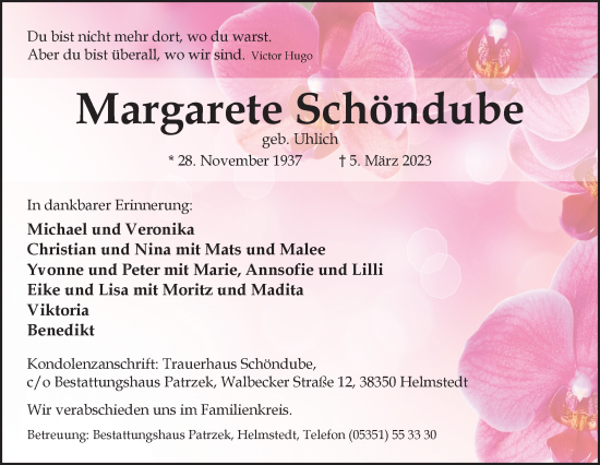 Traueranzeige von Margarete Schöndube von Helmstedter Nachrichten