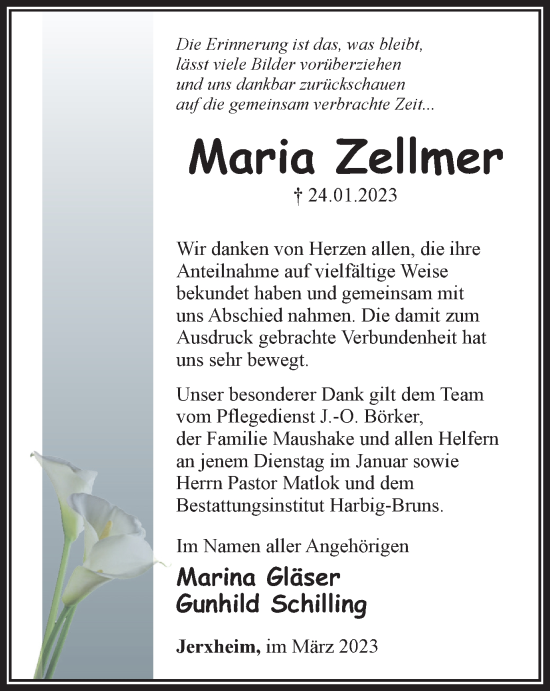 Traueranzeige von Maria Zellmer von Helmstedter Nachrichten