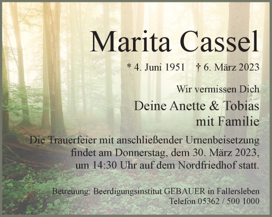Traueranzeige von Marita Cassel von Wolfsburger Nachrichten