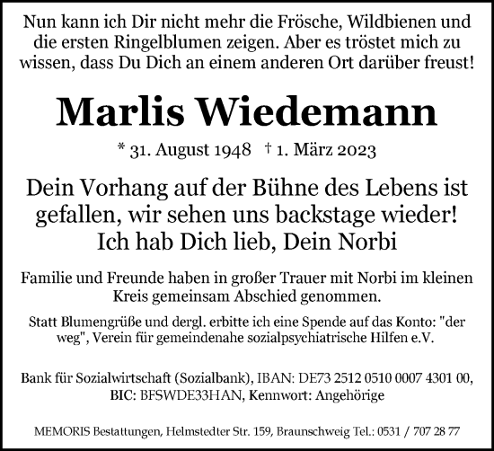 Traueranzeige von Marlis Wiedemann von Braunschweiger Zeitung