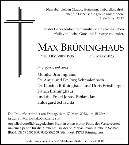 Traueranzeige von Max Brüninghaus von Salzgitter-Zeitung