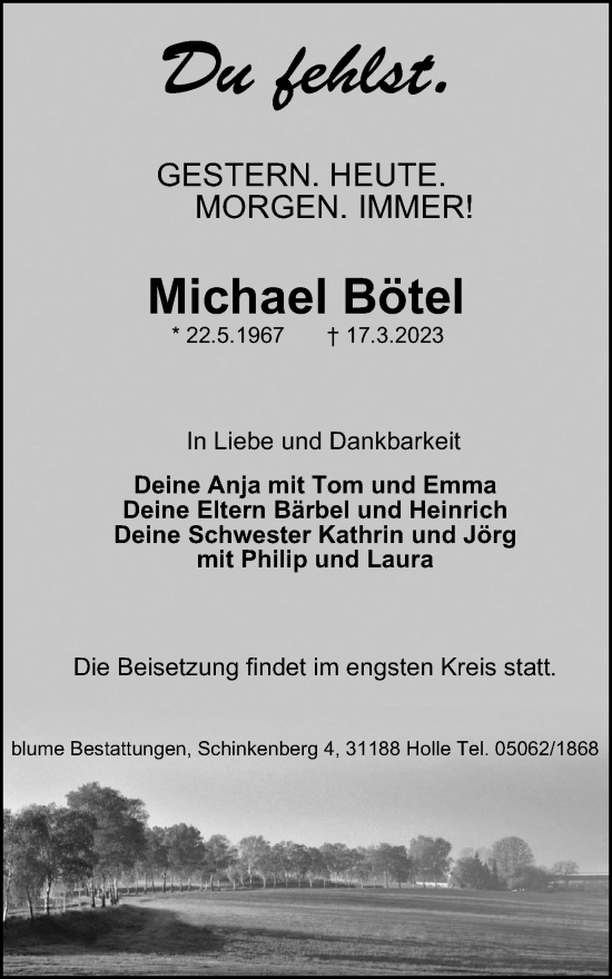 Traueranzeige von Michael Bötel von Braunschweiger Zeitung, Salzgitter-Zeitung