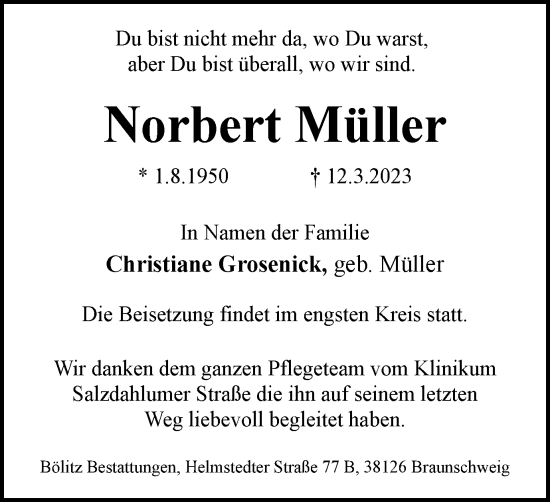 Traueranzeige von Norbert Müller von Braunschweiger Zeitung
