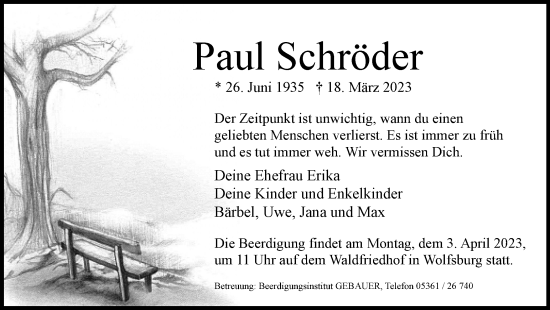 Traueranzeige von Paul Schröder von Wolfsburger Nachrichten