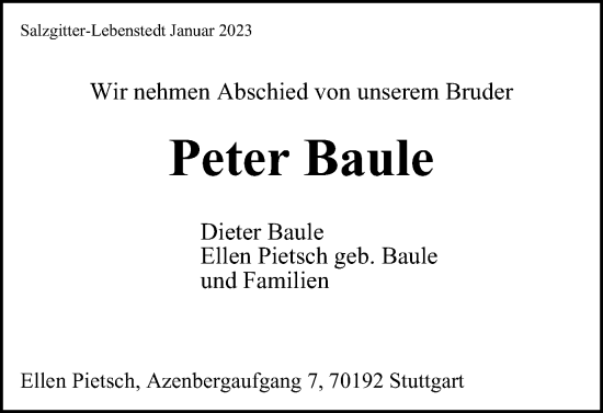 Traueranzeige von Peter Baule von Salzgitter-Zeitung