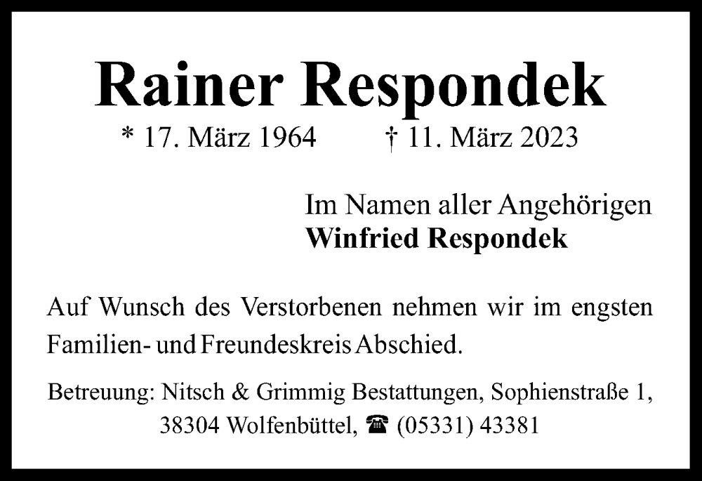  Traueranzeige für Rainer Respondek vom 29.03.2023 aus Braunschweiger Zeitung