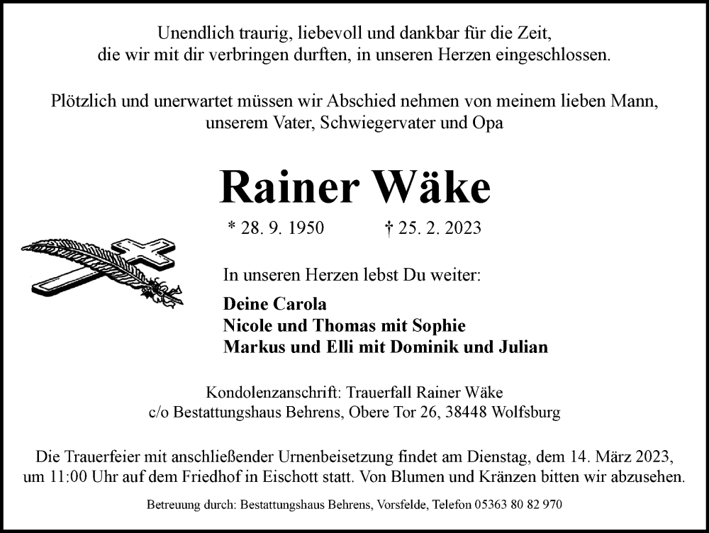  Traueranzeige für Rainer Wäke vom 04.03.2023 aus Wolfsburger Nachrichten