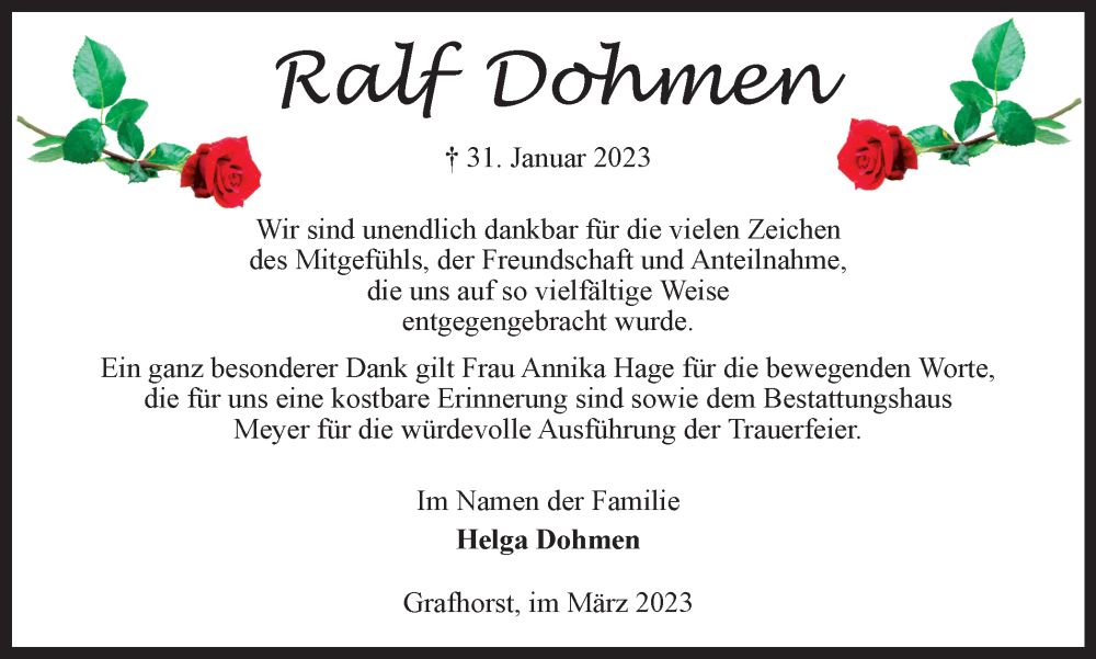  Traueranzeige für Ralf Dohmen vom 18.03.2023 aus Wolfsburger Nachrichten