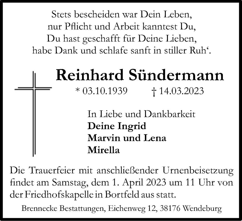 Traueranzeige für Reinhard Sündermann vom 18.03.2023 aus Peiner Nachrichten