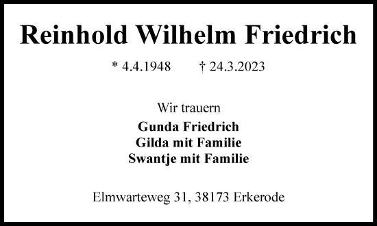 Traueranzeige von Reinhold Wilhelm Friedrich von Braunschweiger Zeitung