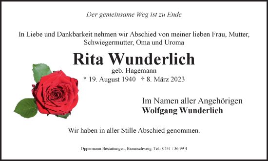 Traueranzeige von Rita Wunderlich von Braunschweiger Zeitung