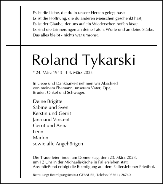 Traueranzeige von Roland Tykarski von Wolfsburger Nachrichten