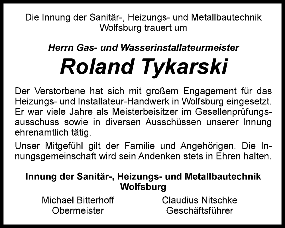  Traueranzeige für Roland Tykarski vom 18.03.2023 aus Wolfsburger Nachrichten