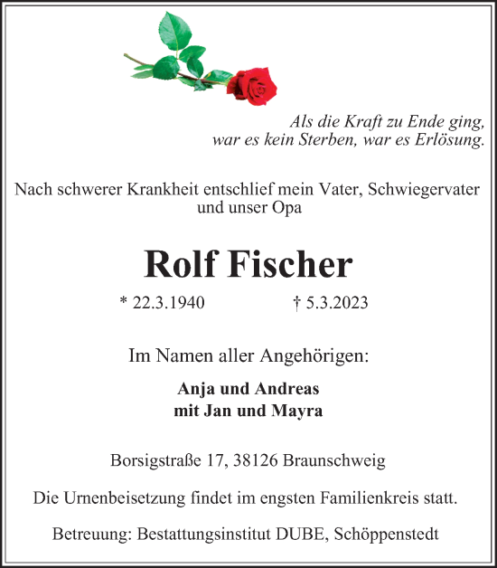 Traueranzeige von Rolf Fischer von Wolfenbütteler Zeitung