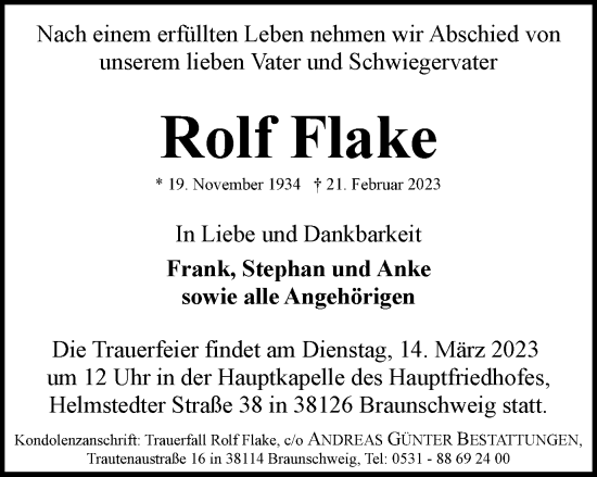 Traueranzeige von Rolf Flake von Braunschweiger Zeitung