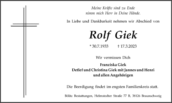 Traueranzeige von Rolf Giek von Braunschweiger Zeitung