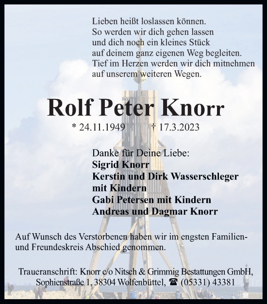 Traueranzeige von Rolf Peter Knorr von Wolfenbütteler Zeitung
