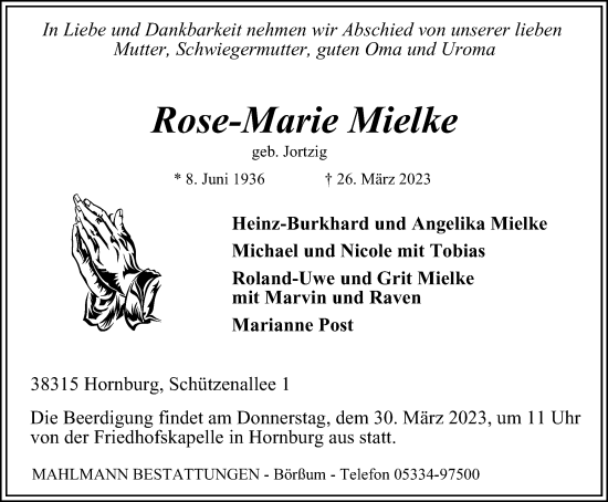Traueranzeige von Rose-Marie Mielke von Wolfenbütteler Zeitung