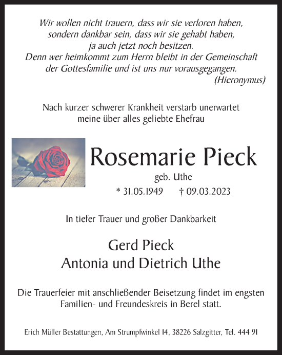 Traueranzeige von Rosemarie Pieck von Helmstedter Nachrichten