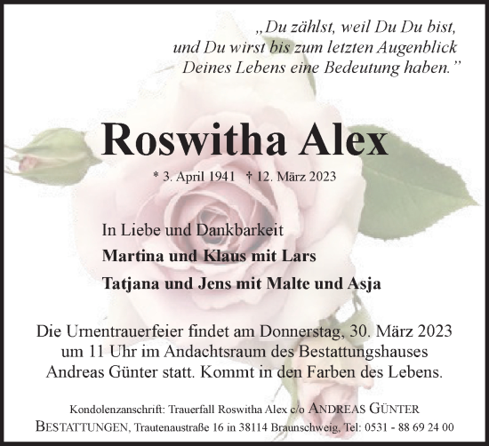 Traueranzeige von Roswitha Alex von Braunschweiger Zeitung