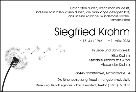 Traueranzeige von Siegfried Krohm von Wolfsburger Nachrichten