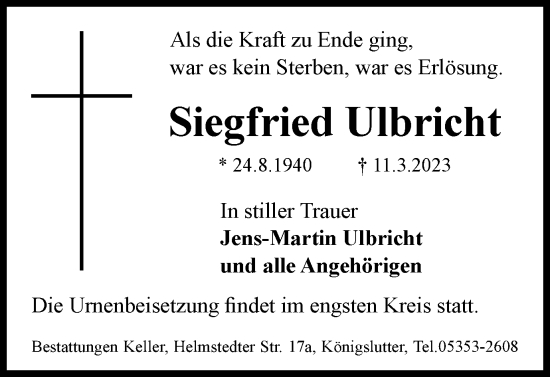 Traueranzeige von Siegfried Ulbricht von Helmstedter Nachrichten