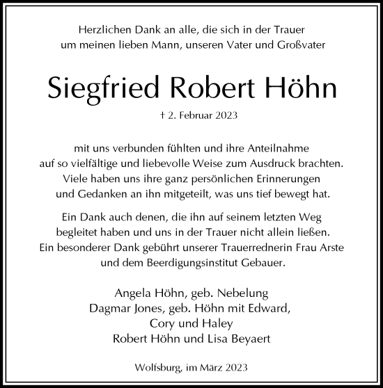 Traueranzeige von Siegfried Robert Höhn von Wolfsburger Nachrichten