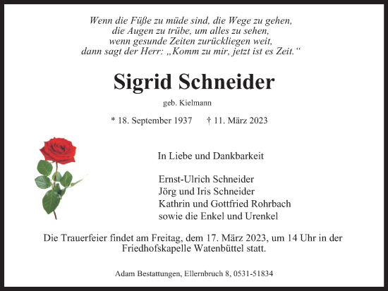 Traueranzeige von Sigrid Schneider von Braunschweiger Zeitung