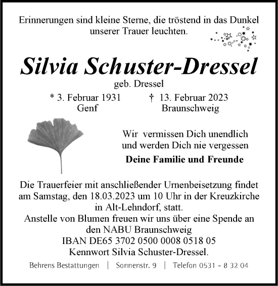 Traueranzeige von Silvia Schuster-Dressel von Braunschweiger Zeitung