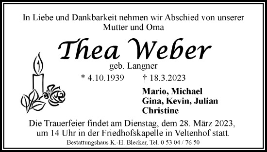 Traueranzeige von Thea Weber von Braunschweiger Zeitung