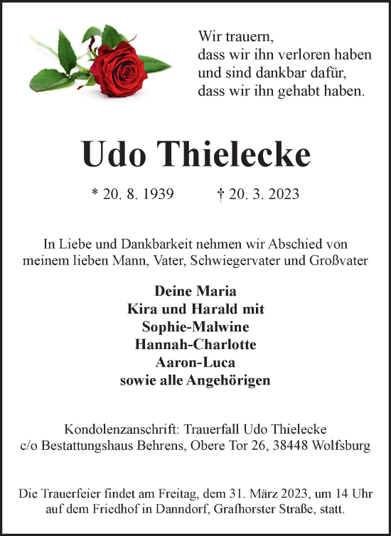Traueranzeige von Udo Thielecke von Helmstedter Nachrichten
